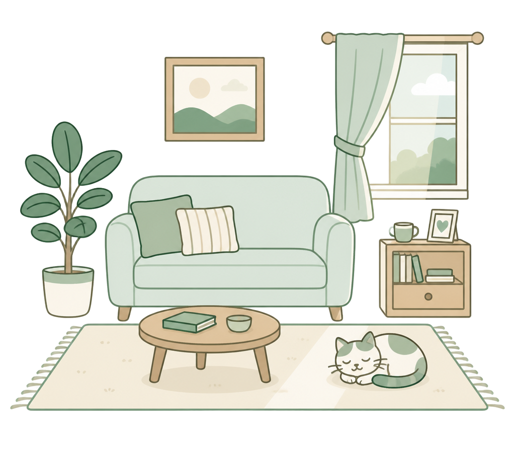 Cartoon illustration of a clean, calm living room after a junk removal cleanout